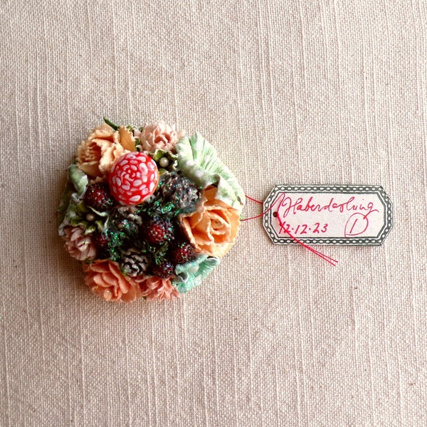 Mint aqua pink peach red mushroom Enchanted Forest - vintage style glittered floral holiday mini corsage