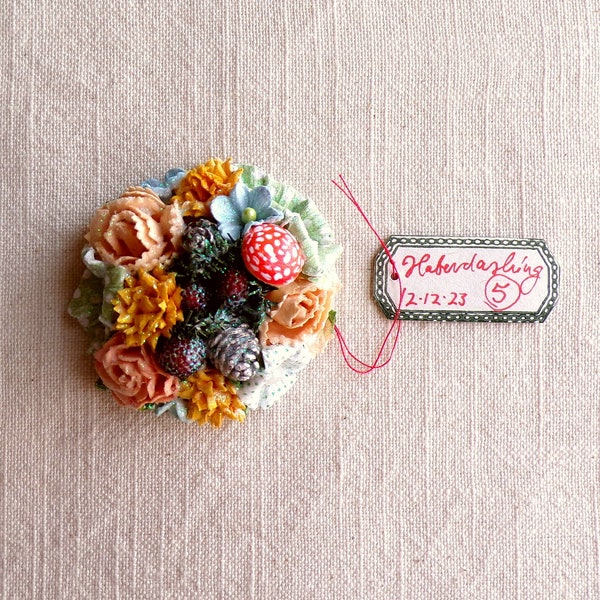 Peach sky blue mint yellow red mushroom Enchanted Forest - vintage style glittered floral holiday mini corsage