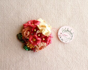 Red apricot coral cream yellow - Vintage style roses blossoms Millinery flower glittered micro corsage