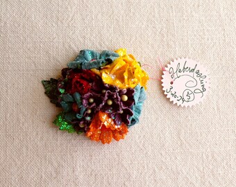 Red orange violet blue yellow - Vintage style roses blossoms Millinery flower glittered micro corsage