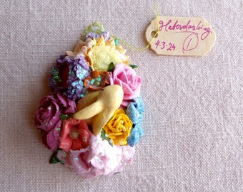 Petite pastel yellow Bunny - multicolor Handmade Roses velvet daisies blossoms Vintage style spring Millinery flower glittered corsage