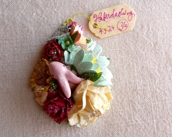 Petite pastel pink Bunny - multicolor Handmade Roses velvet daisies blossoms Vintage style spring Millinery flower glittered corsage