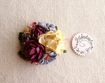 Plum blue cream peach mauve - Vintage style roses blossoms Millinery flower glittered micro corsage