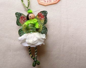 Lime green white vintage style handcrafted miniature ballerina rose fairy doll ornament