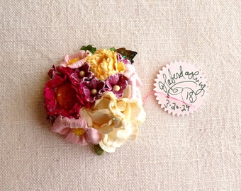 Magenta pink yellow cream plum - Vintage style roses blossoms Millinery flower glittered micro corsage