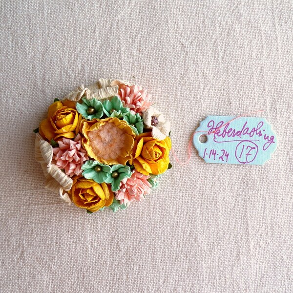 Golden yellow mint pink ecru Roses blossoms Vintage style Millinery flower spring micro corsage