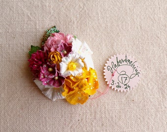 Golden yellow white pink plum - Vintage style roses blossoms Millinery flower glittered micro corsage