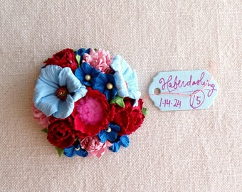 Cherry red pink peacock sky blue Roses blossoms dahlias Vintage style Millinery flower spring micro corsage