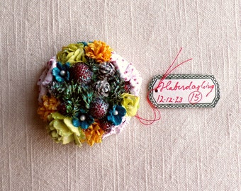 Peacock blue yellow red green white Enchanted Forest - vintage style glittered floral holiday mini corsage