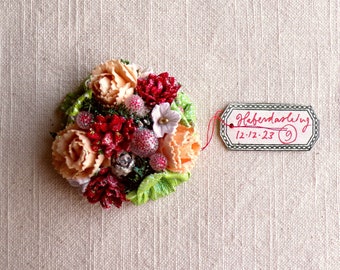 Peach red green white Enchanted Forest - vintage style glittered floral holiday mini corsage