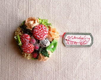 Peach green ivory red mushrooms Enchanted Forest - vintage style glittered floral holiday mini corsage