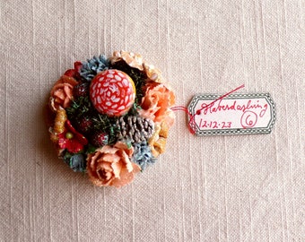 Apricot caramel pewter blue red mushroom Enchanted Forest - vintage style glittered floral holiday mini corsage