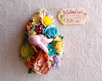 Petite pastel pink Bunny - multicolor Handmade Roses velvet daisies blossoms Vintage style spring Millinery flower glittered corsage