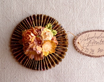 Lilac white peach yellow handcrafted millinery flowers gold glittered metallic rosette ornament