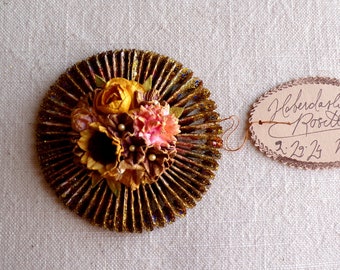 Pink violet yellow white handcrafted millinery flowers gold glittered metallic rosette ornament