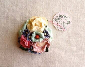 Cream coral pink mint violets - Vintage style roses blossoms Millinery flower glittered micro corsage