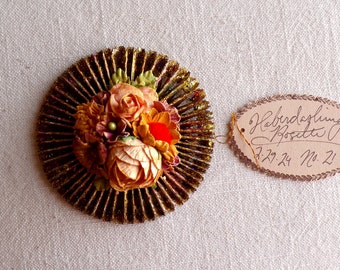 Plum peach orange yellow coral handcrafted millinery flowers gold glittered metallic rosette ornament