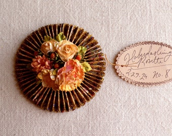 Pink green white coral handcrafted millinery flowers gold glittered metallic rosette ornament