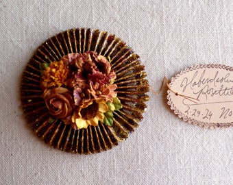 Berry burgundy yellow mauve handcrafted millinery flowers gold glittered metallic rosette ornament