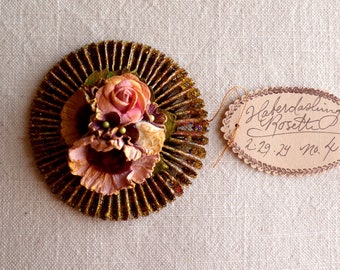 Pink violet cream handcrafted millinery flowers gold glittered metallic rosette ornament