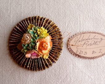 Chartreuse apricot pink white aqua handcrafted millinery flowers gold glittered metallic rosette ornament