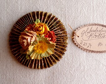 Spring green red yellow pink handcrafted millinery flowers gold glittered metallic rosette ornament