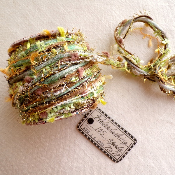 Carnival Spool no. 28 - green cocoa yellow gold mix tinsel tassel yarn trim