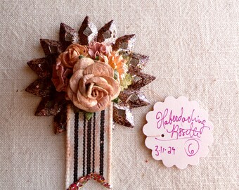 Mauve peach hazelnut black cream millinery flowers handmade striped rosette vintage style chocolate silver glittered metallic ornament