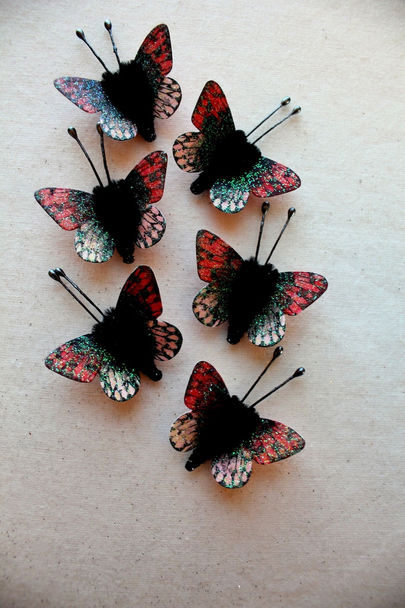 sparkly butterfly vintage style pipe cleaner ornaments Strawberry pink miniature Watercolor embellishments