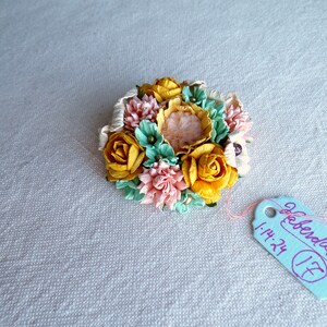 Golden yellow mint pink ecru Roses blossoms Vintage style Millinery flower spring micro corsage image 2