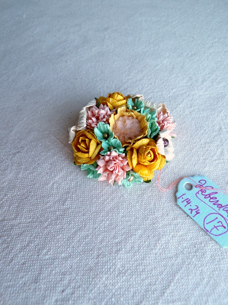 Golden yellow mint pink ecru Roses blossoms Vintage style Millinery flower spring micro corsage image 2