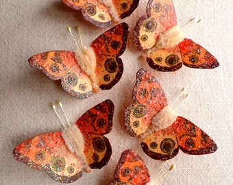 Red orange yellow green Watercolor embellishments - sparkly butterflies vintage style pipe cleaner ornaments