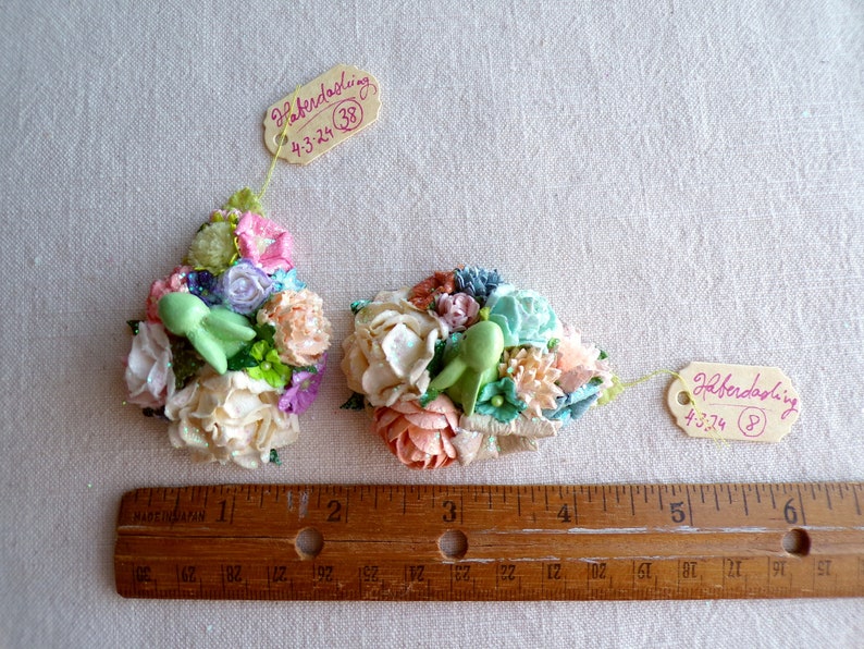Petite pastel green Bunny multicolor Handmade Roses velvet daisies blossoms Vintage style spring Millinery flower glittered corsage zdjęcie 5