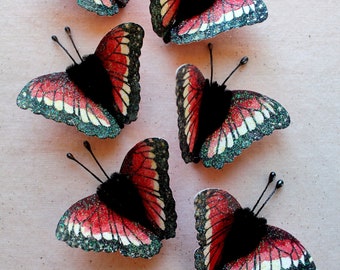 Berry red white black Watercolor embellishments - sparkly butterflies vintage style pipe cleaner ornaments