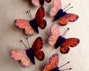 Apricot royal purple Watercolor embellishments - sparkly butterflies vintage style pipe cleaner ornaments