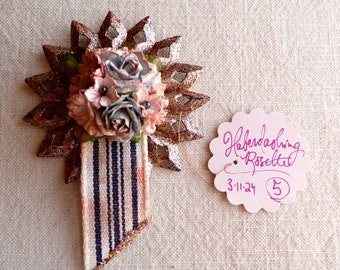 Blue pink navy cream millinery flowers handmade striped rosette vintage style chocolate silver glittered metallic ornament