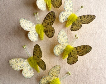 Citrine green Watercolor embellishments - sparkly butterflies vintage style pipe cleaner ornaments