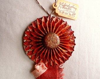 Persimmon orange cream gold Victorian style painterly prize ribbon rosette handmade ornament