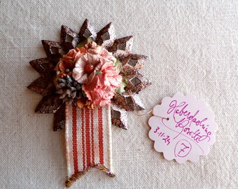 Pink orange blue cream millinery flowers handmade striped rosette vintage style chocolate silver glittered metallic ornament