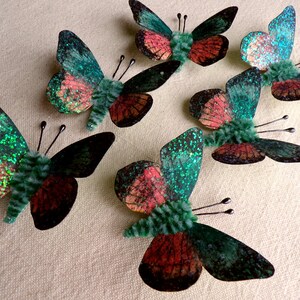 Teal blush pink emerald Watercolor embellishments sparkly butterflies vintage style pipe cleaner ornaments image 2