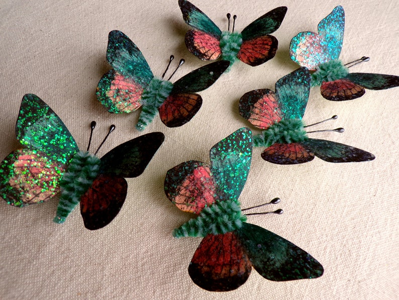 Teal blush pink emerald Watercolor embellishments sparkly butterflies vintage style pipe cleaner ornaments image 2