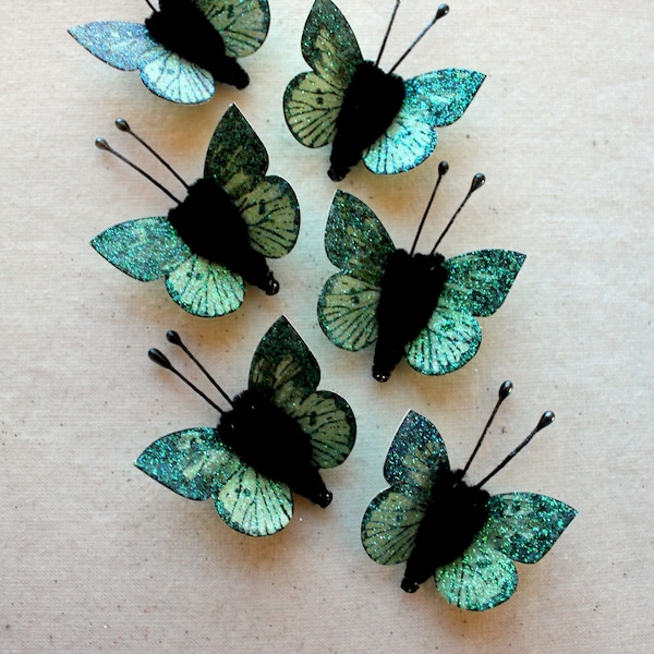 Mint green miniature Watercolor embellishments - sparkly Butterfly vintage style pipe cleaner ornaments