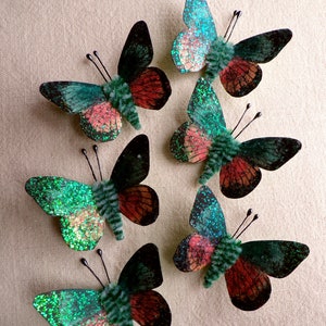 Teal blush pink emerald Watercolor embellishments sparkly butterflies vintage style pipe cleaner ornaments image 1