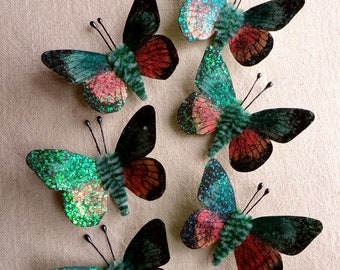 Teal blush pink emerald Watercolor embellishments - sparkly butterflies vintage style pipe cleaner ornaments