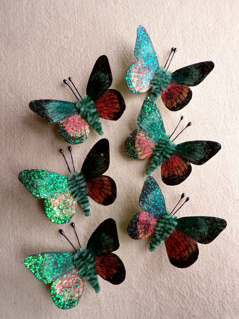 Teal blush pink emerald Watercolor embellishments sparkly butterflies vintage style pipe cleaner ornaments image 1