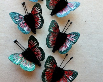 Cherry red white embellishments - sparkly watercolor butterfly vintage style pipe cleaner ornaments