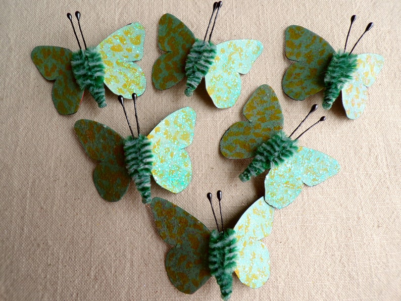 Teal blush pink emerald Watercolor embellishments sparkly butterflies vintage style pipe cleaner ornaments image 3