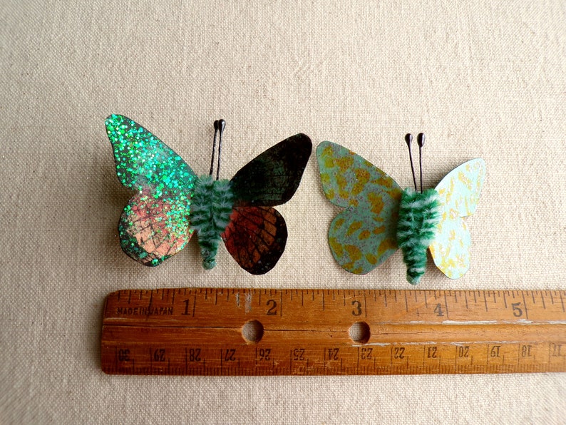 Teal blush pink emerald Watercolor embellishments sparkly butterflies vintage style pipe cleaner ornaments image 4