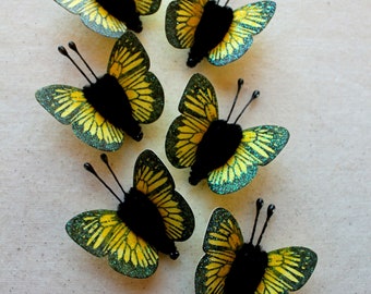 Lemon yellow embellishments - sparkly watercolor butterfly vintage style pipe cleaner ornaments