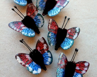 Ruby red blue chocolate embellishments - sparkly watercolor butterfly vintage style pipe cleaner ornaments